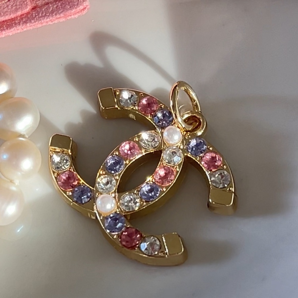 Gold Chanel Charm with Pink, Purple and Pearl Accents - Picture 8 of 10